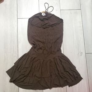 olive green ruffle tier short mini dress halter top medium